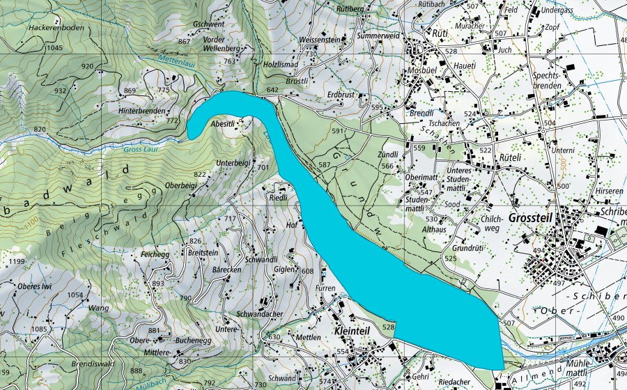 swisstopo national map showing the protected perimeter of Laui (Floodplain)