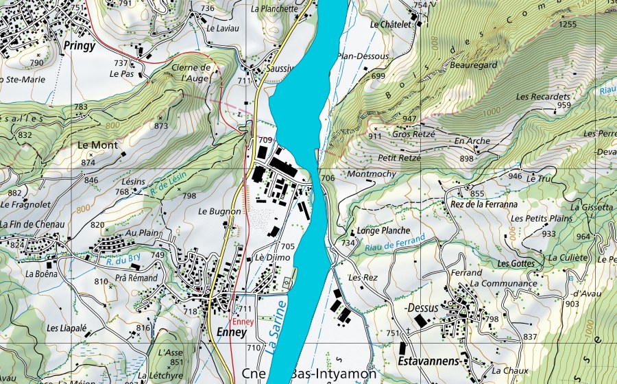 swisstopo national map showing the protected perimeter of Les Auges d'Estavannens (Floodplain)