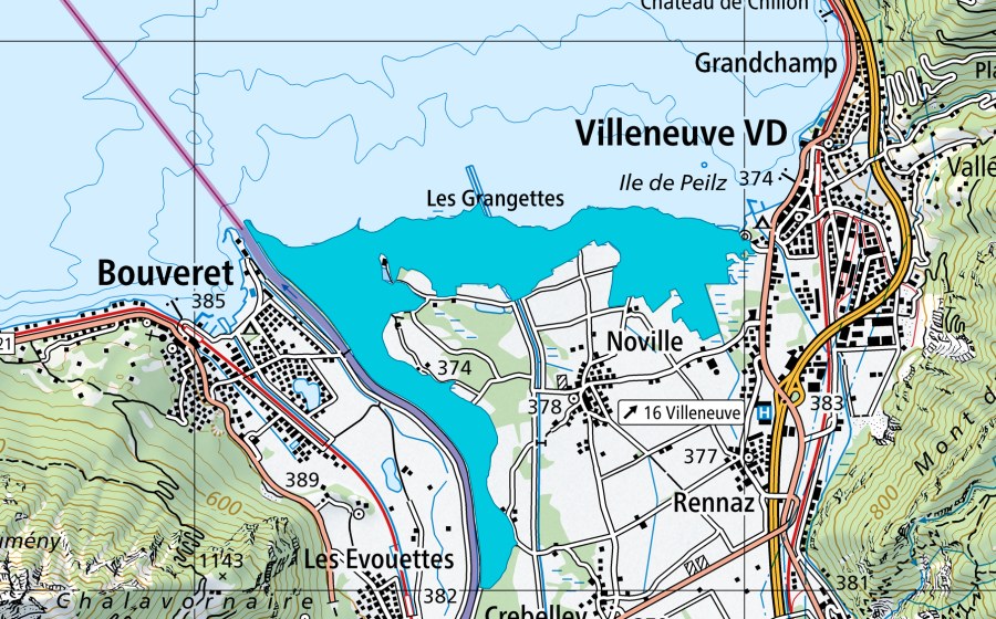 swisstopo national map showing the protected perimeter of Les Grangettes (Floodplain)