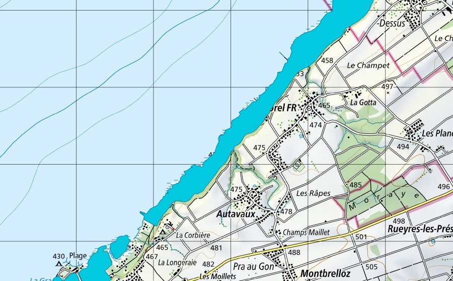 Carte nationale swisstopo avec le périmètre protégé de Les Grèves d'Estavayer-le-Lac - Chevroux (Zone alluviale)