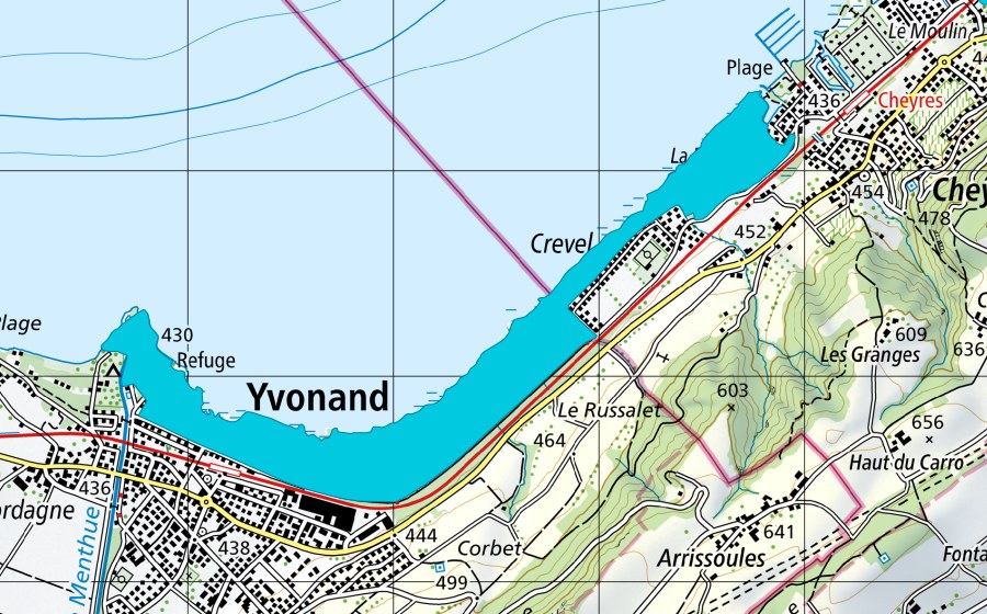 swisstopo national map showing the protected perimeter of Les Grèves d'Yvonand - Cheyres (Floodplain)