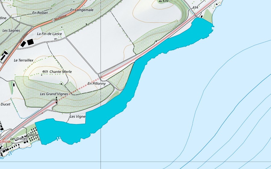swisstopo national map showing the protected perimeter of Les Grèves de Concise (Floodplain)