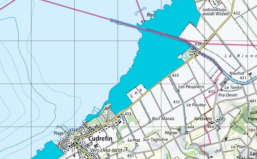 Carte nationale swisstopo avec le périmètre protégé de Les Grèves du Chablais de Cudrefin (Zone alluviale)