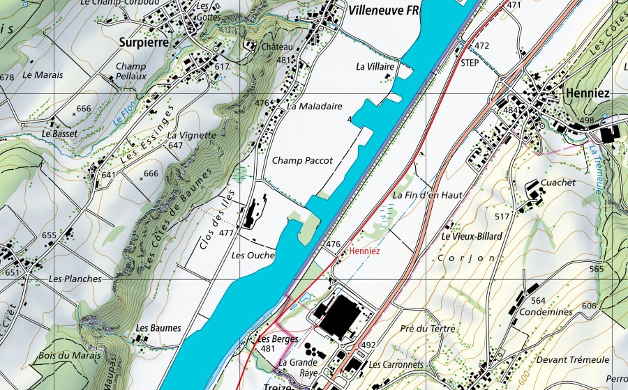 Carte nationale swisstopo avec le périmètre protégé de Les Iles de Villeneuve (Zone alluviale)