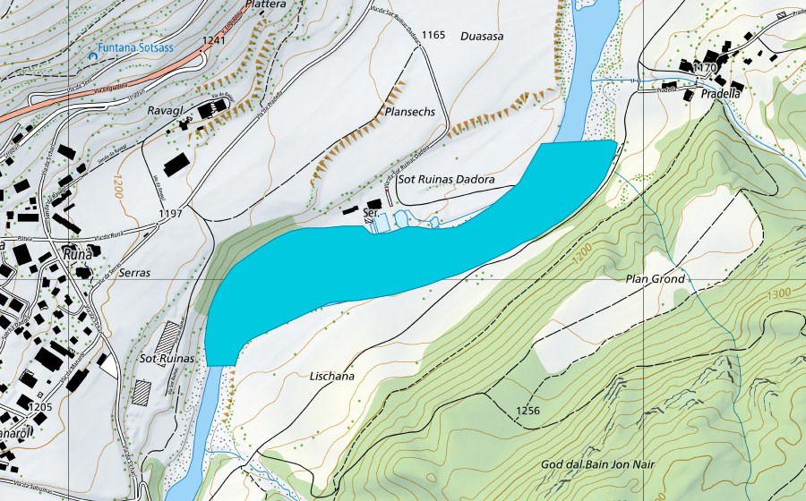swisstopo national map showing the protected perimeter of Lischana - Suronnas (Floodplain)