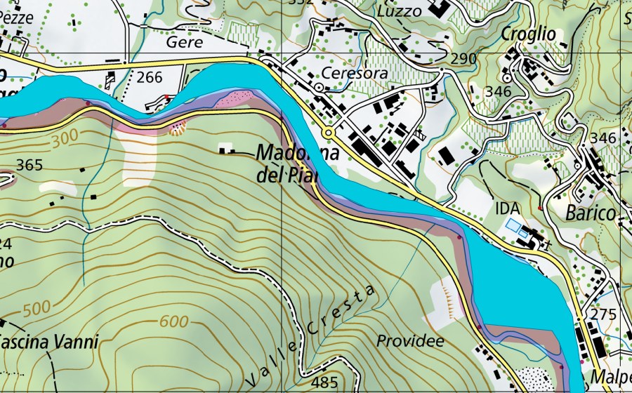 swisstopo national map showing the protected perimeter of Madonna del Piano (Floodplain)