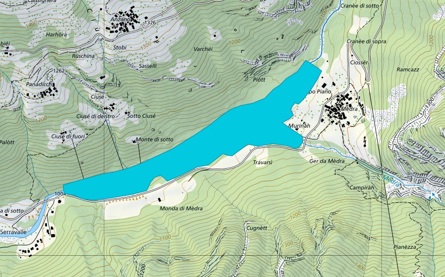 Landeskarte swisstopo mit dem Schutzperimeter von Madra (Auengebiet)