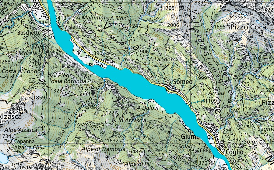 swisstopo national map showing the protected perimeter of Maggia (Floodplain)