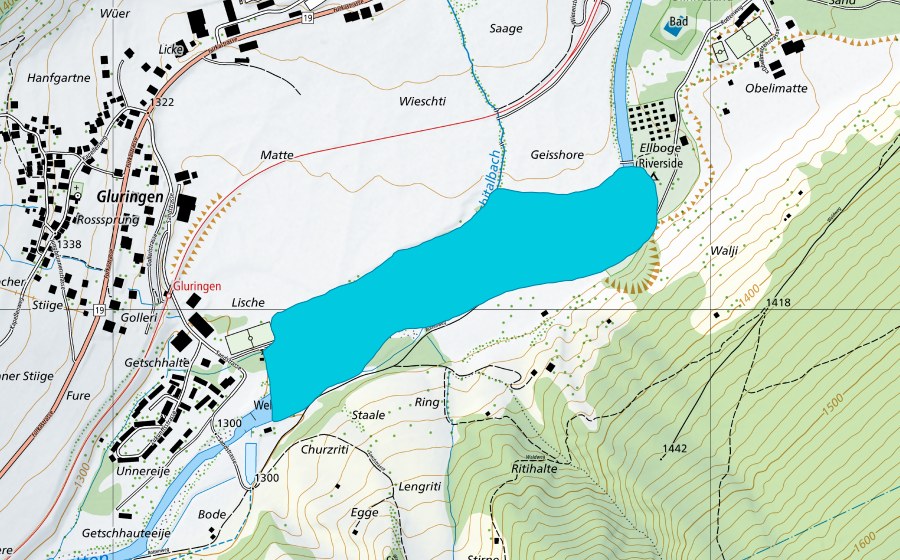 Landeskarte swisstopo mit dem Schutzperimeter von Matte (Auengebiet)