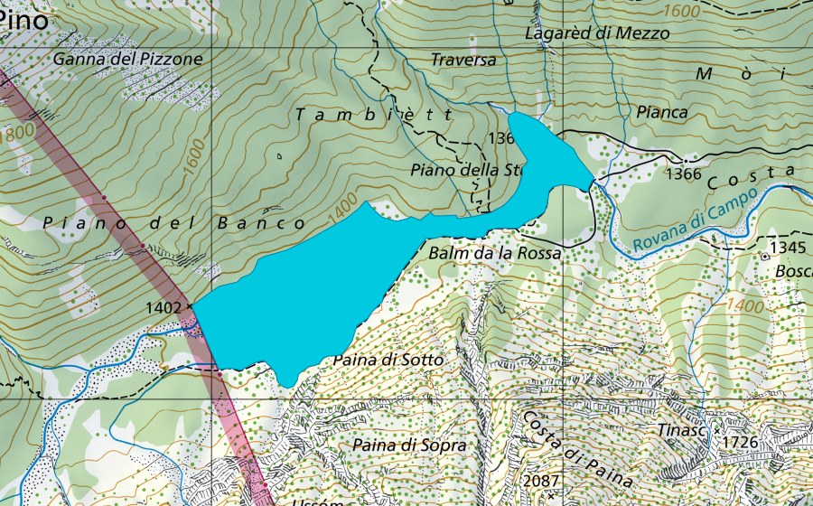 swisstopo national map showing the protected perimeter of Mött di Tirman (Floodplain)
