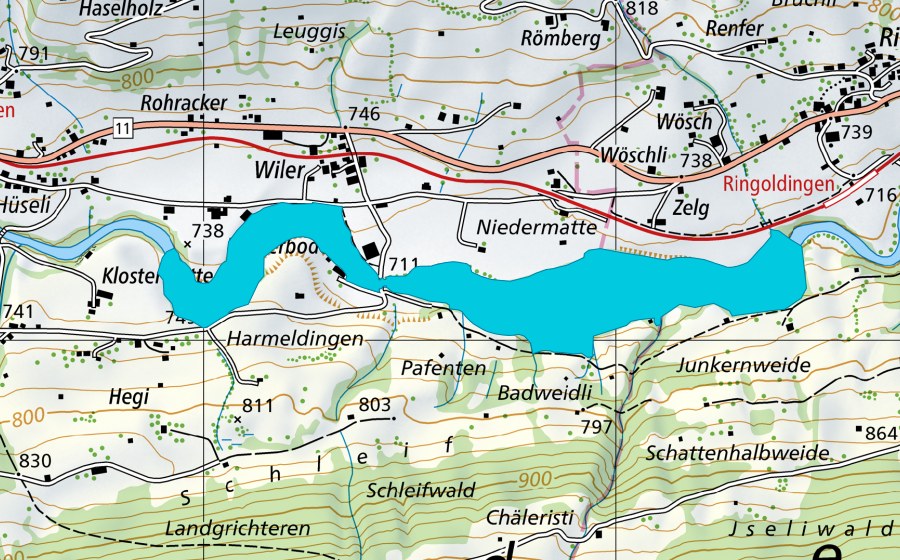 Landeskarte swisstopo mit dem Schutzperimeter von Niedermettlisau (Auengebiet)