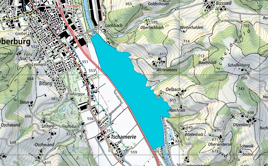 Landeskarte swisstopo mit dem Schutzperimeter von Oberburger Schachen (Auengebiet)