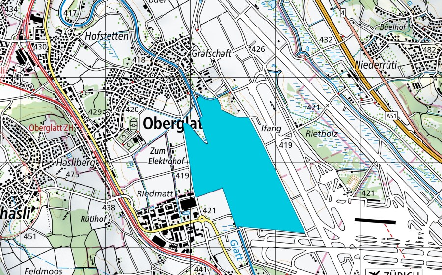 Carte nationale swisstopo avec le périmètre protégé de Oberglatt (Zone alluviale)