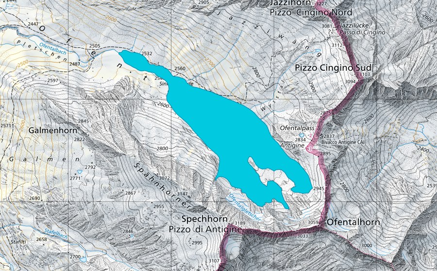 Landeskarte swisstopo mit dem Schutzperimeter von Ofental Gletscher (Auengebiet)