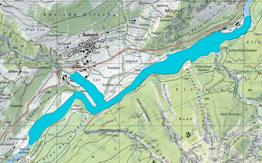 swisstopo national map showing the protected perimeter of Panas-ch - Resgia (Floodplain)