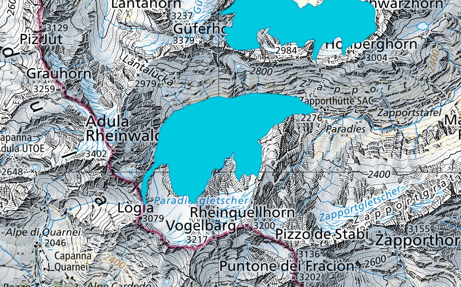 Carta nazionale swisstopo con il perimetro protetto di Paradiesgletscher (Zona golenale)
