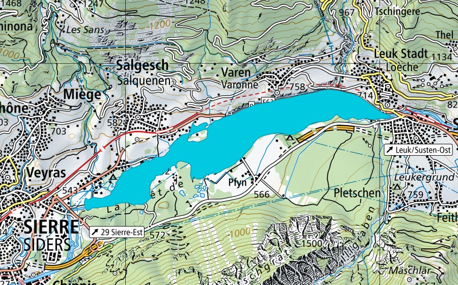 Landeskarte swisstopo mit dem Schutzperimeter von Pfynwald (Auengebiet)