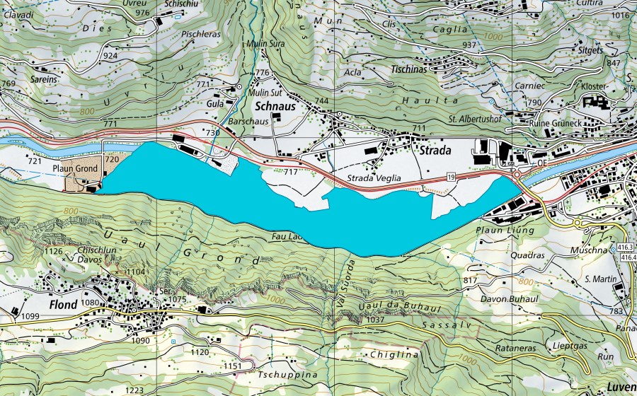 Carte nationale swisstopo avec le périmètre protégé de Plaun da Foppas (Zone alluviale)