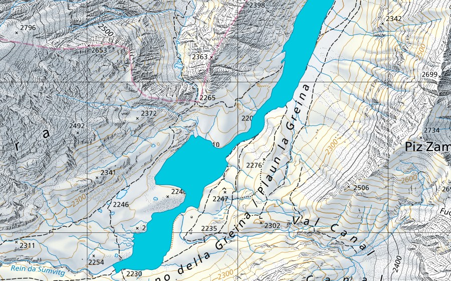 Landeskarte swisstopo mit dem Schutzperimeter von Plaun la Greina (Auengebiet)