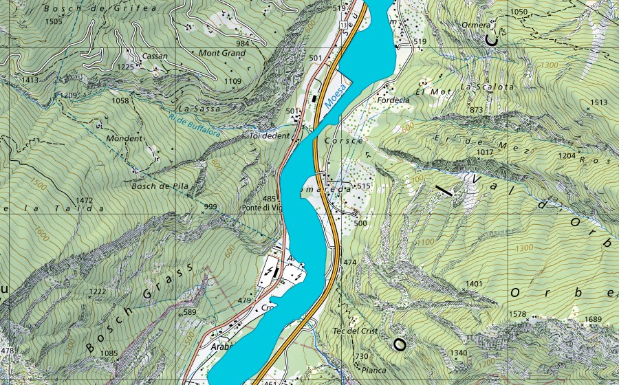 Carte nationale swisstopo avec le périmètre protégé de Pomareda (Zone alluviale)
