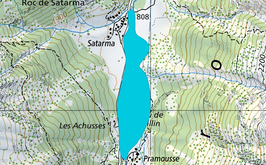 Carte nationale swisstopo avec le périmètre protégé de Pramousse - Satarma (Zone alluviale)
