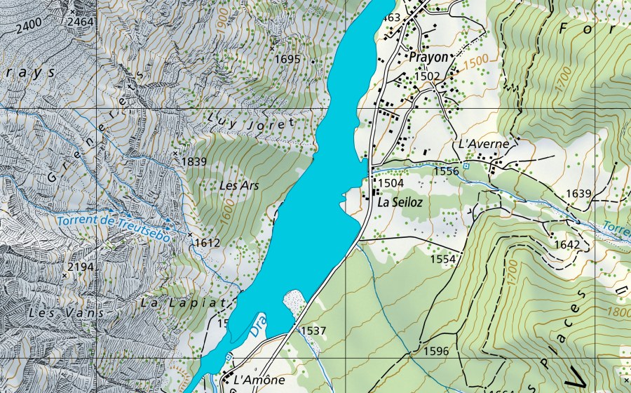 swisstopo national map showing the protected perimeter of Prayon (Floodplain)