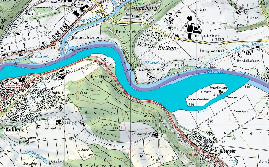 Carta nazionale swisstopo con il perimetro protetto di Rietheim - Koblenz (Zona golenale)
