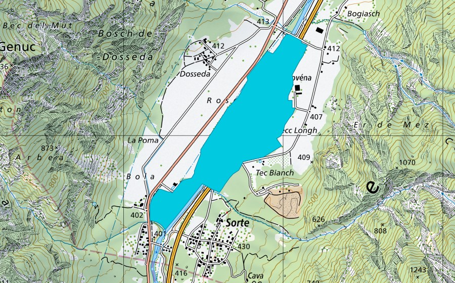Landeskarte swisstopo mit dem Schutzperimeter von Rosera (Auengebiet)