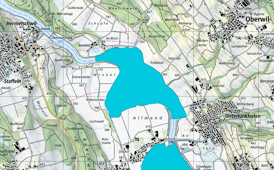 Landeskarte swisstopo mit dem Schutzperimeter von Rottenschwiler Moos (Auengebiet)