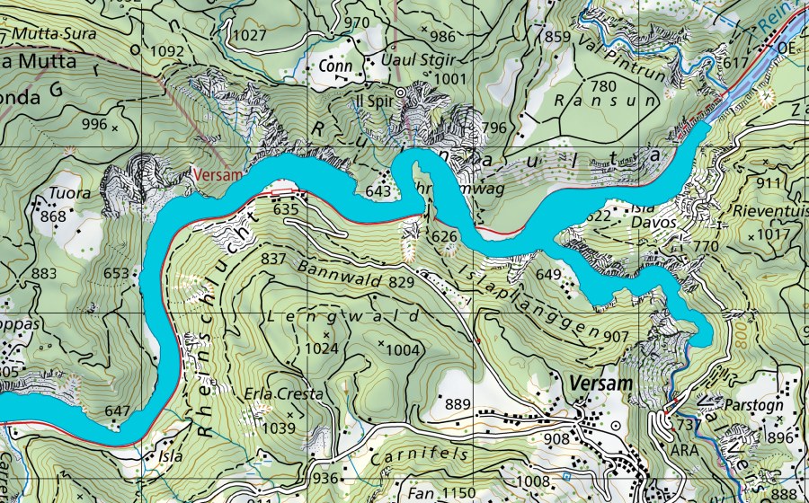 Landeskarte swisstopo mit dem Schutzperimeter von Ruinaulta (Auengebiet)