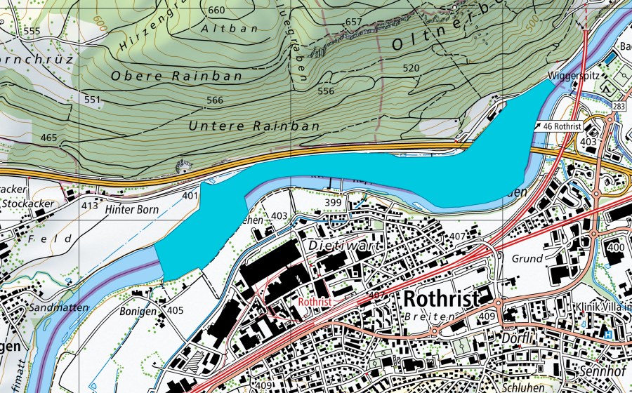 swisstopo national map showing the protected perimeter of Ruppoldingen (Floodplain)