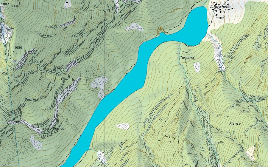 swisstopo national map showing the protected perimeter of Ruscada (Floodplain)
