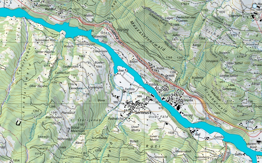 Carte nationale swisstopo avec le périmètre protégé de Saas - Klosters (Zone alluviale)