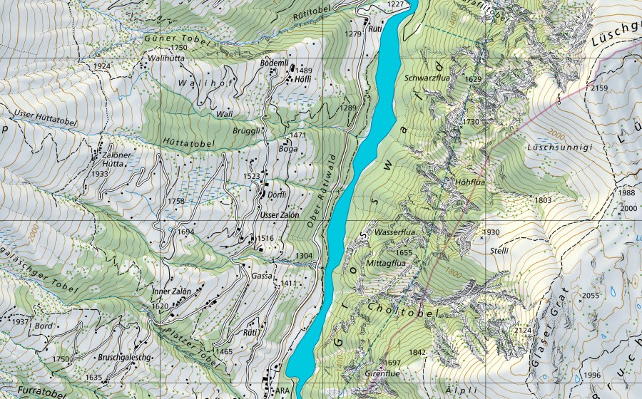 swisstopo national map showing the protected perimeter of Safien Platz - Carfil (Floodplain)