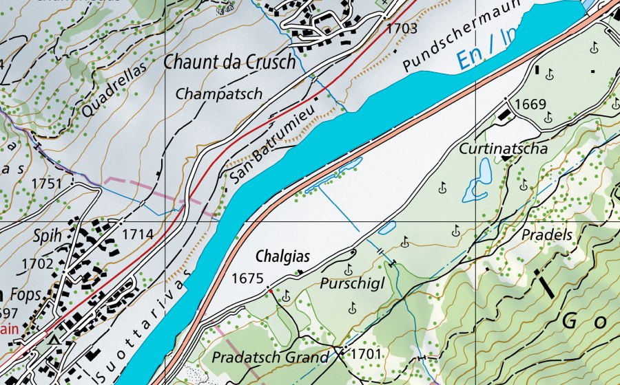 Carte nationale swisstopo avec le périmètre protégé de San Batrumieu (Zone alluviale)