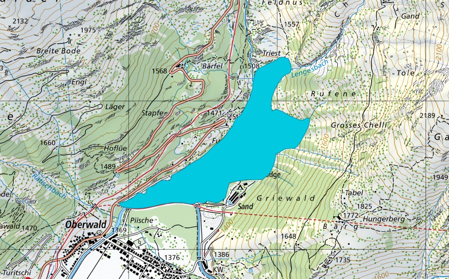Landeskarte swisstopo mit dem Schutzperimeter von Sand (Auengebiet)