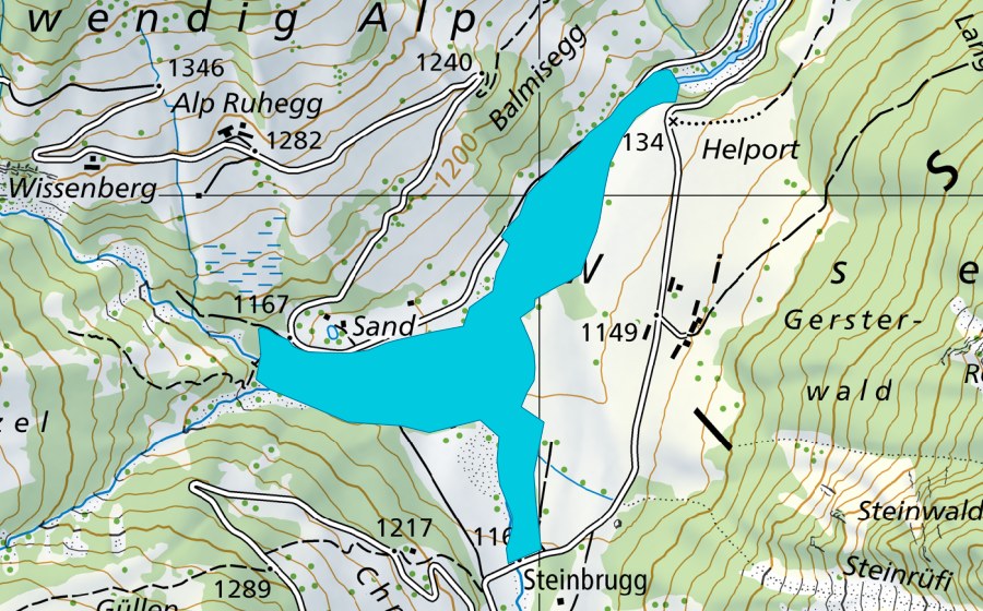 swisstopo national map showing the protected perimeter of Schilstal/Sand (Floodplain)