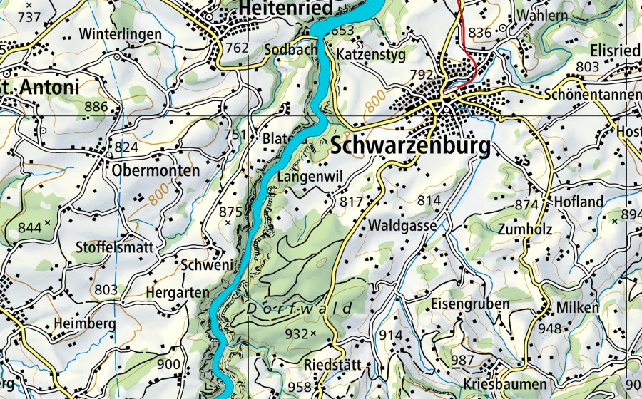 Landeskarte swisstopo mit dem Schutzperimeter von Senseauen (Auengebiet)