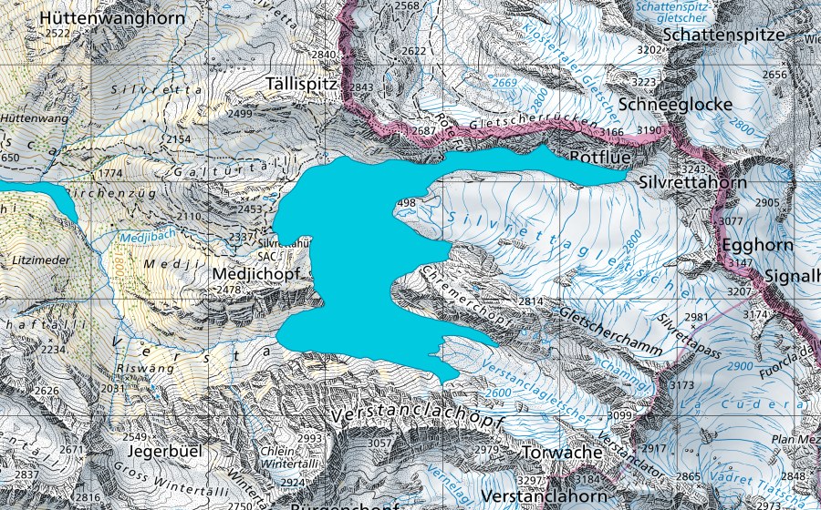 Carte nationale swisstopo avec le périmètre protégé de Silvrettagletscher (Zone alluviale)