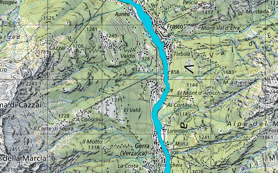 Carta nazionale swisstopo con il perimetro protetto di Sonogno - Brione (Zona golenale)