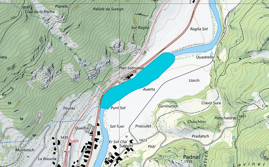 swisstopo national map showing the protected perimeter of Sotruinas (Floodplain)