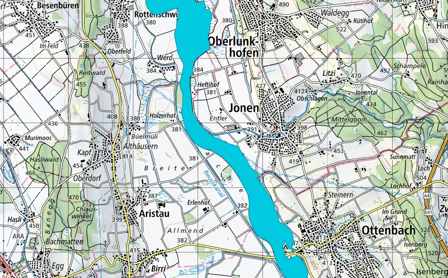 swisstopo national map showing the protected perimeter of Still Rüss - Rickenbach (Floodplain)