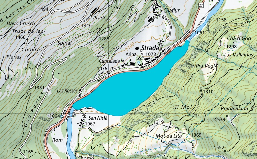 swisstopo national map showing the protected perimeter of Strada (Floodplain)