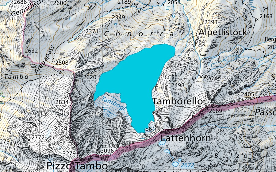 Landeskarte swisstopo mit dem Schutzperimeter von Tambogletscher (Auengebiet)