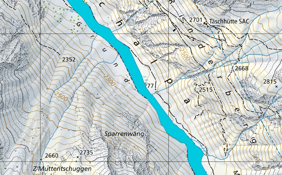 swisstopo national map showing the protected perimeter of Täschalpen (Floodplain)