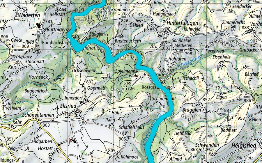 Landeskarte swisstopo mit dem Schutzperimeter von Teuffengraben - Sackau (Auengebiet)