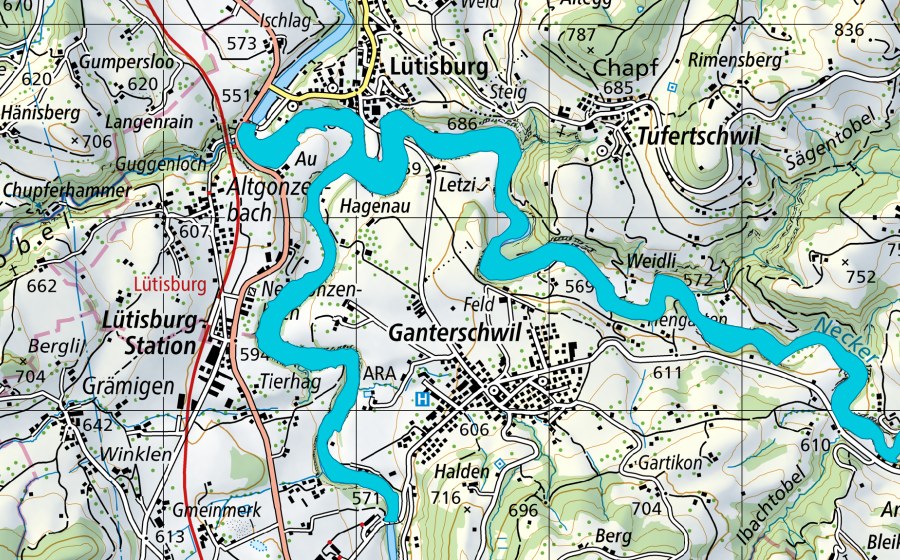 Carta nazionale swisstopo con il perimetro protetto di Thur und Necker bei Lütisburg (Zona golenale)