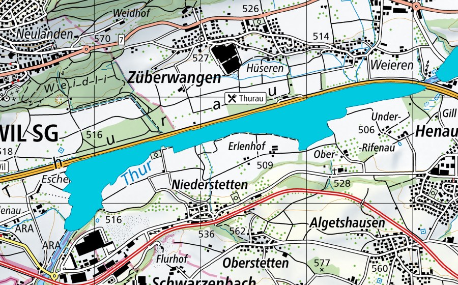 Carte nationale swisstopo avec le périmètre protégé de Thurauen Wil - Weieren (Zone alluviale)