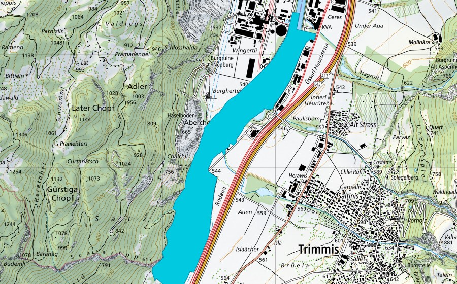 swisstopo national map showing the protected perimeter of Trimmiser Rodauen (Floodplain)
