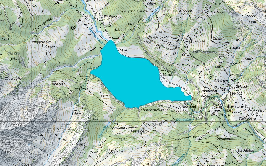 swisstopo national map showing the protected perimeter of Tschingel (Floodplain)